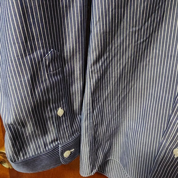 Men's 16 1/2 36 Slim L.L. Bean Blue/White Stripe Long Sleeve Button Down Shirt - Picture 7 of 9